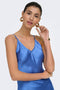 Front image of a model wearing the Losiris long strap dress in blue, by brand Only
