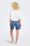 Back image of a model wearing the Lumi mw mom shorts in denim, by brand Only