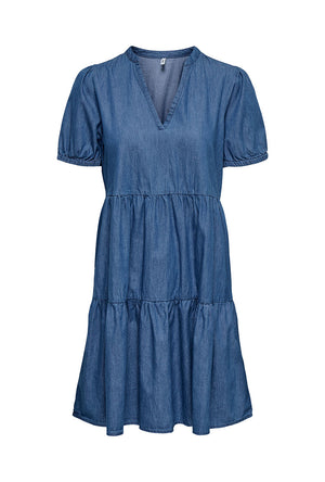 Front image of the Nova azure s/s thea dress in denim, by brand Only