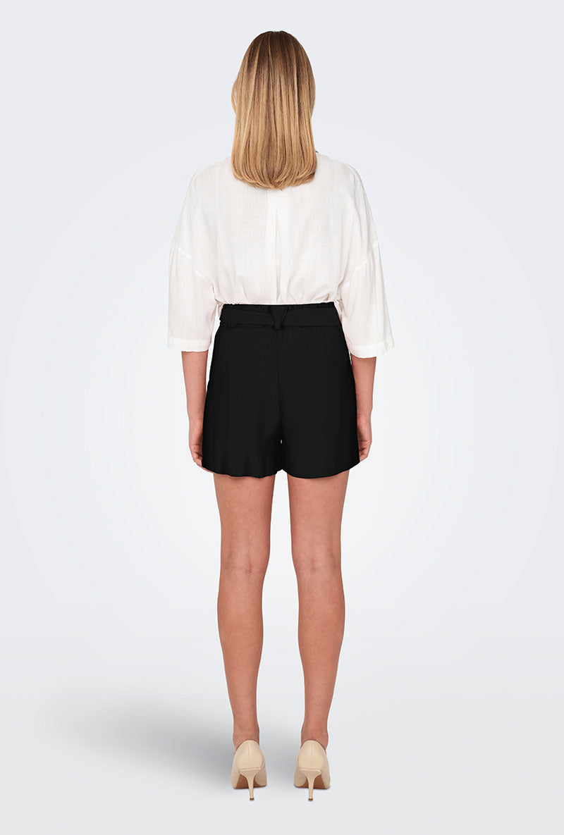 Back image of a model wearing Only nova life talia shorts in black, by brand Only