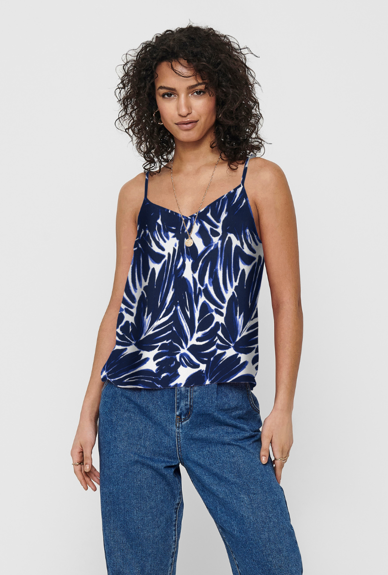 Front image of Nova life viscose paris singlet in navy, by brand Only