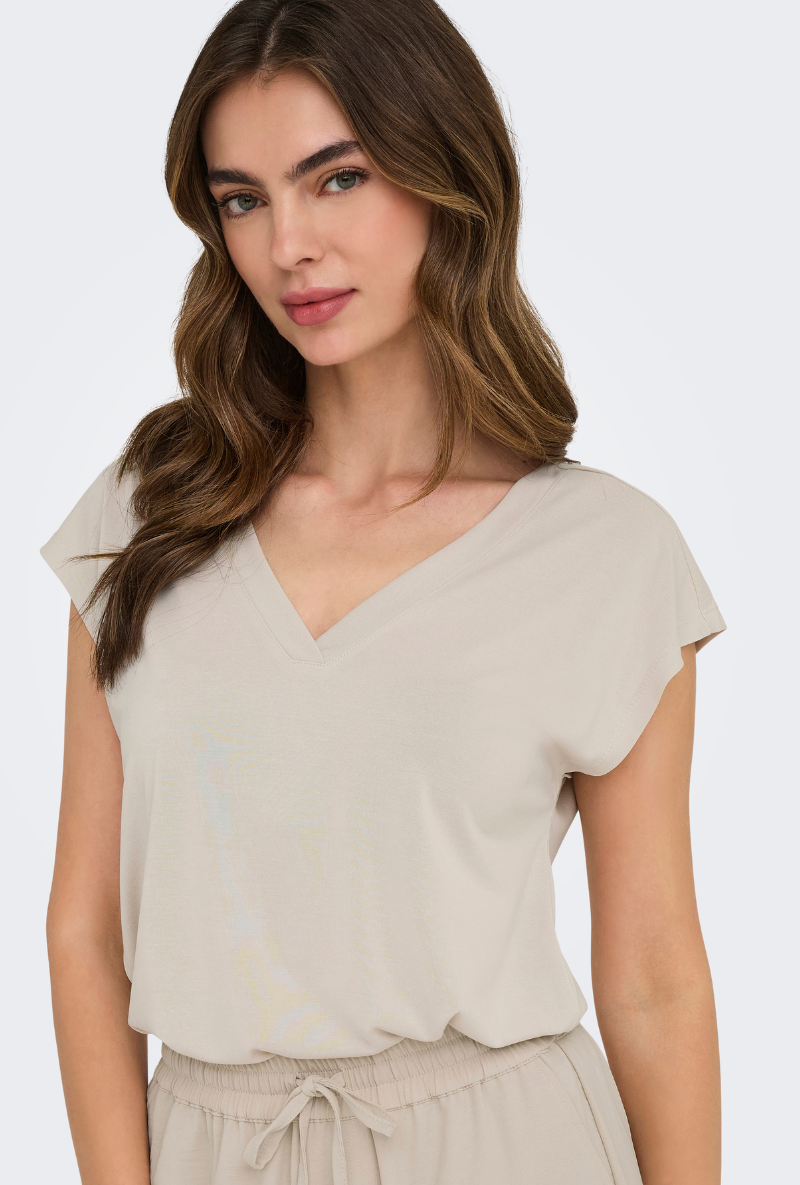 Front image of Free shortsleeve modal v neck top in stone, by brand Only