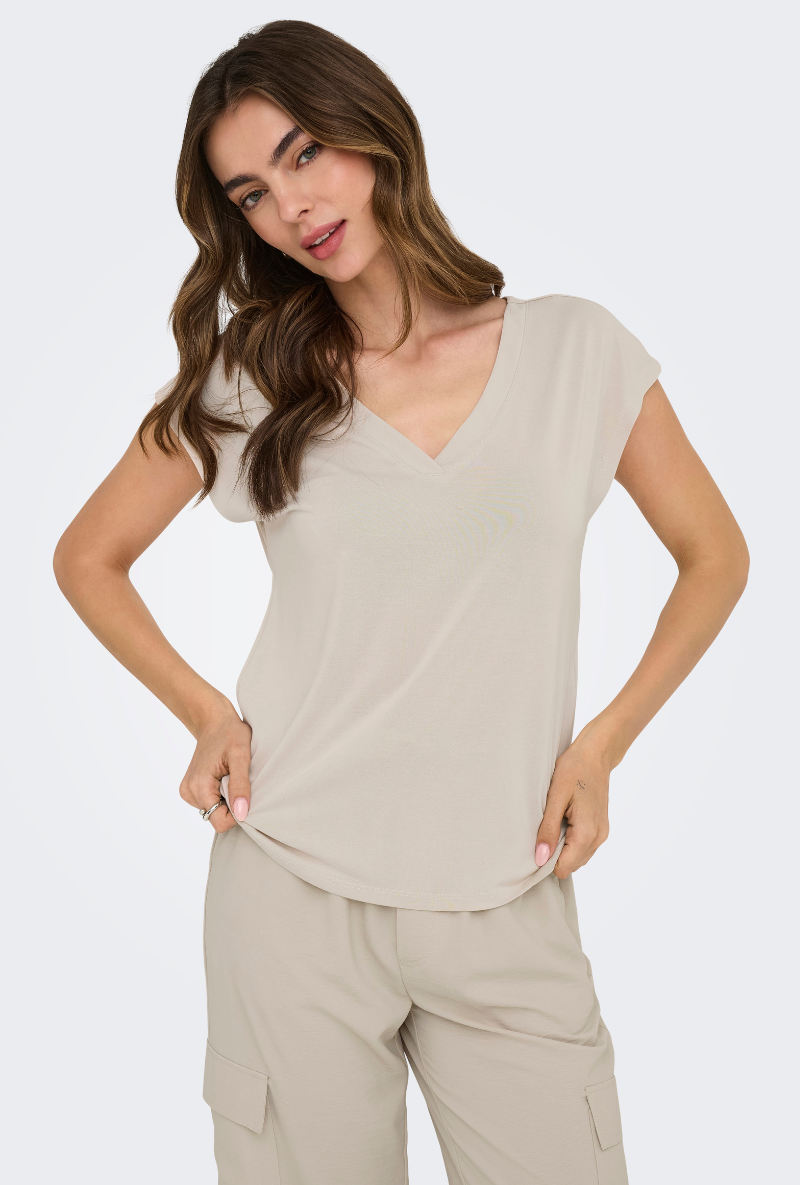 Front image of Free shortsleeve modal v neck top in stone, by brand Only