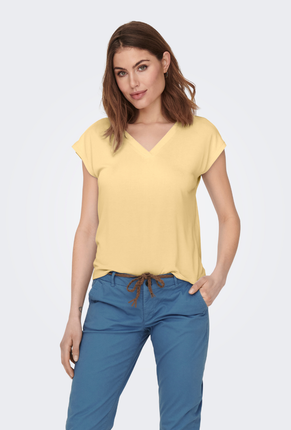 Front image of Free shortsleeve modal v neck top in yellow, by brand Only