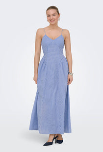 Front image of a model wearing the Tiari strap hip dress in blue, by brand Only
