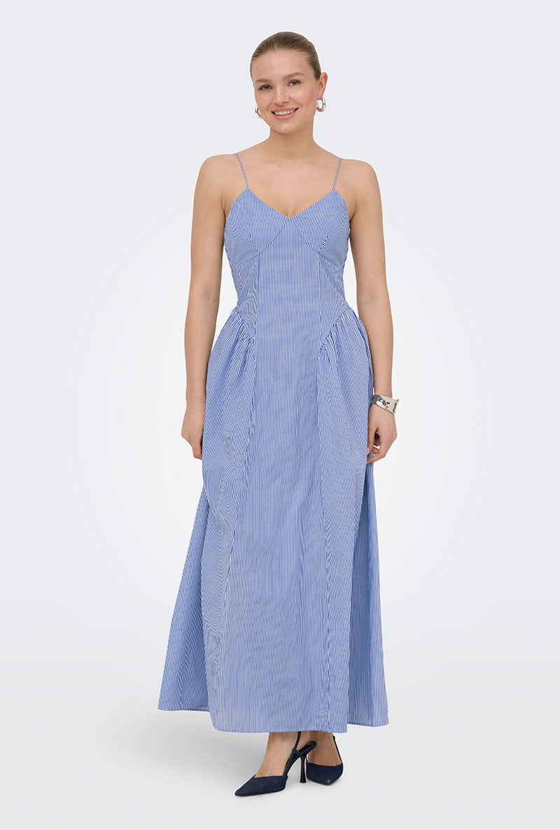 Front image of a model wearing Tiari strap hip dress in blue, by brand Only