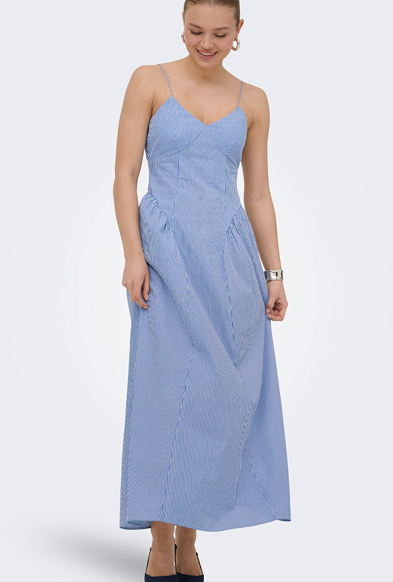 Front image of a model wearing Tiari strap hip dress in blue, by brand Only