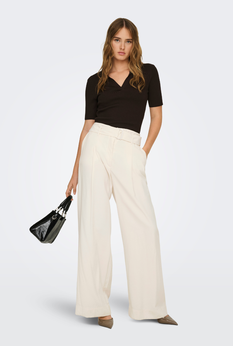 Front image of Tila life highwaist belt trousers in cream, by brand Only