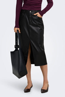 Front image of a model wearing the Bitten faux leather pencil skirt in black, by brand Only