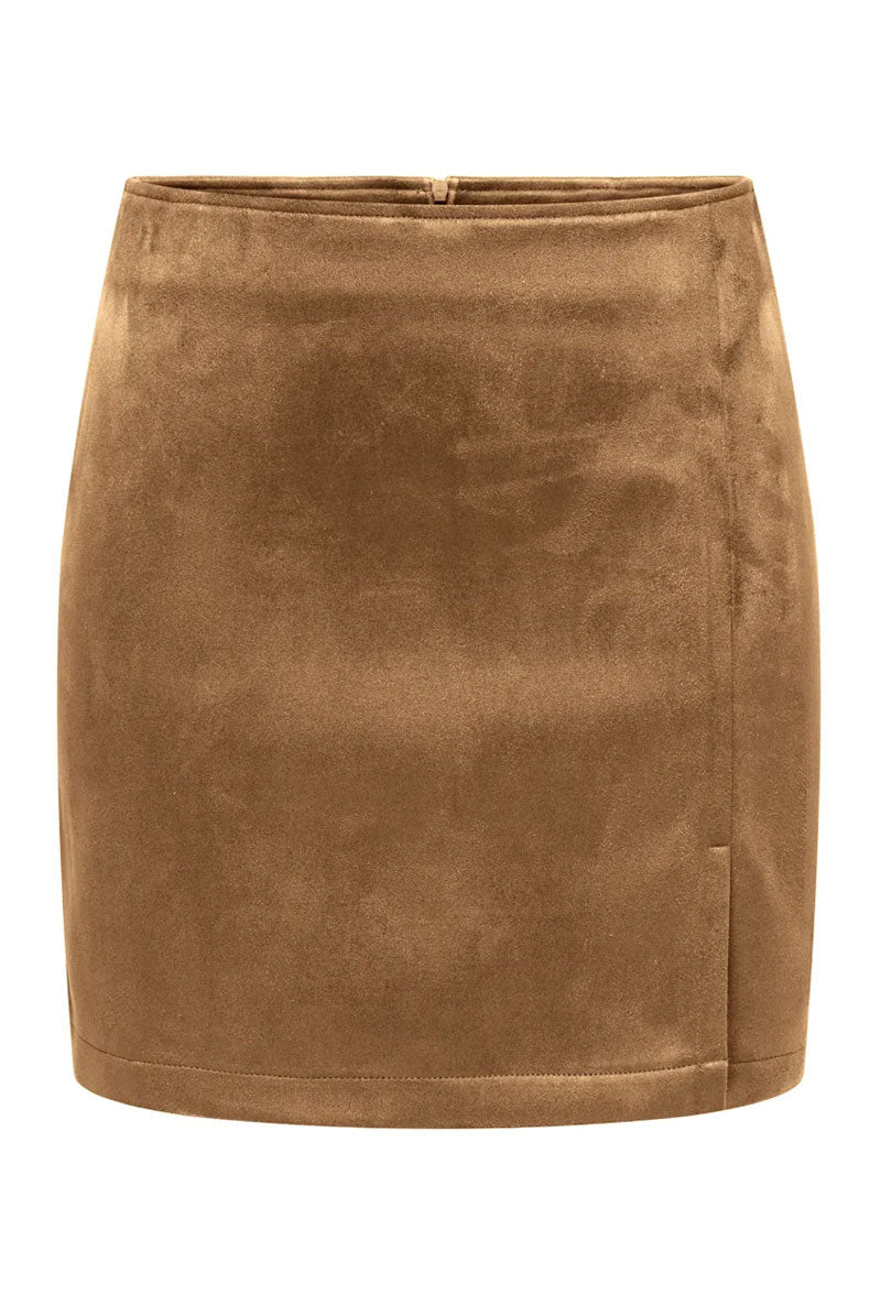 Front image of Carolina faux suede skirt in tan, by brand Only