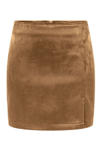 Front image of the Carolina faux suede skirt in tan, by brand Only