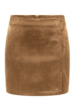 Front image of the Carolina faux suede skirt in tan, by brand Only