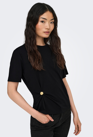 Front image of a model wearing the Only elena s/s detail top in black, by brand Only