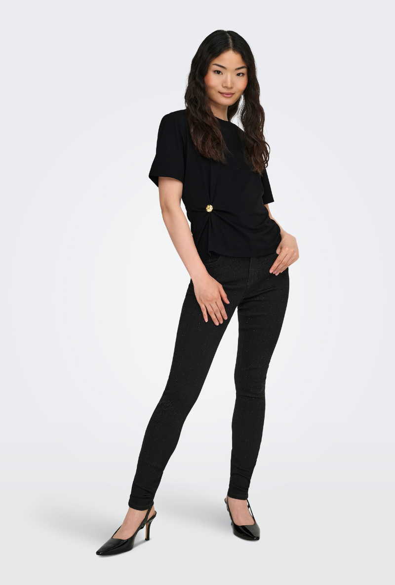 Front image of a model wearing Only elena s/s detail top in black, by brand Only