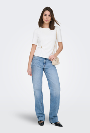 Front image of a model wearing Only elena s/s detail top in off white, by brand Only