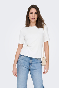 Front image of a model wearing the Only elena s/s detail top in off white, by brand Only