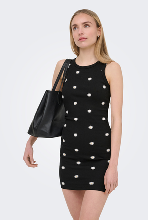 Front image of a model wearing the Fenja dress in black, by brand Only