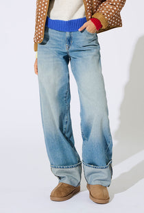 Front image of a model wearing the Gianna mw fold up jeans in denim, by brand Only