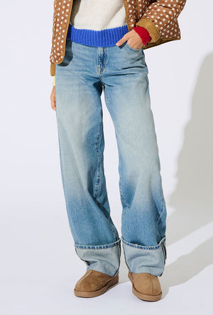 Front image of a model wearing the Gianna mw fold up jeans in denim, by brand Only