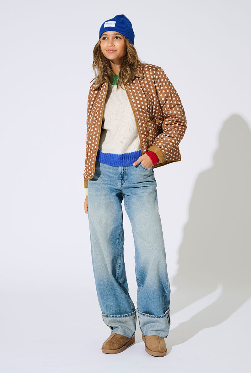 Front image of a model wearing Gianna mw fold up jeans in denim, by brand Only