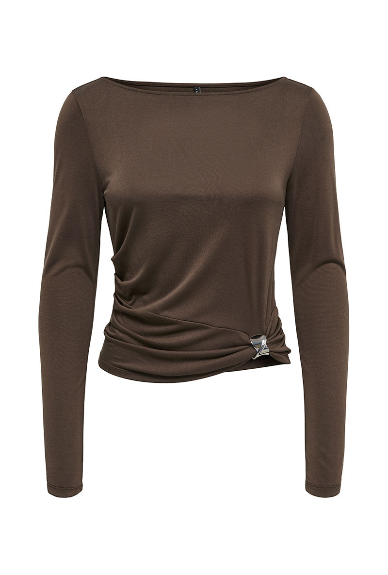 Front image of Hannah l/s metal top in brown, by brand Only