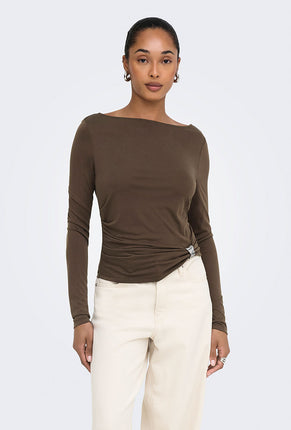 Front image of a model wearing Hannah l/s metal top in brown, by brand Only