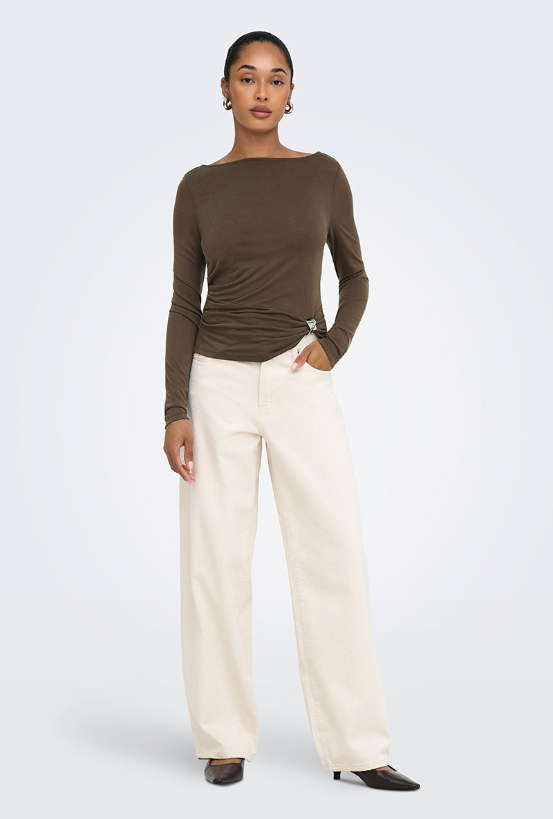 Front image of a model wearing Hannah l/s metal top in brown, by brand Only