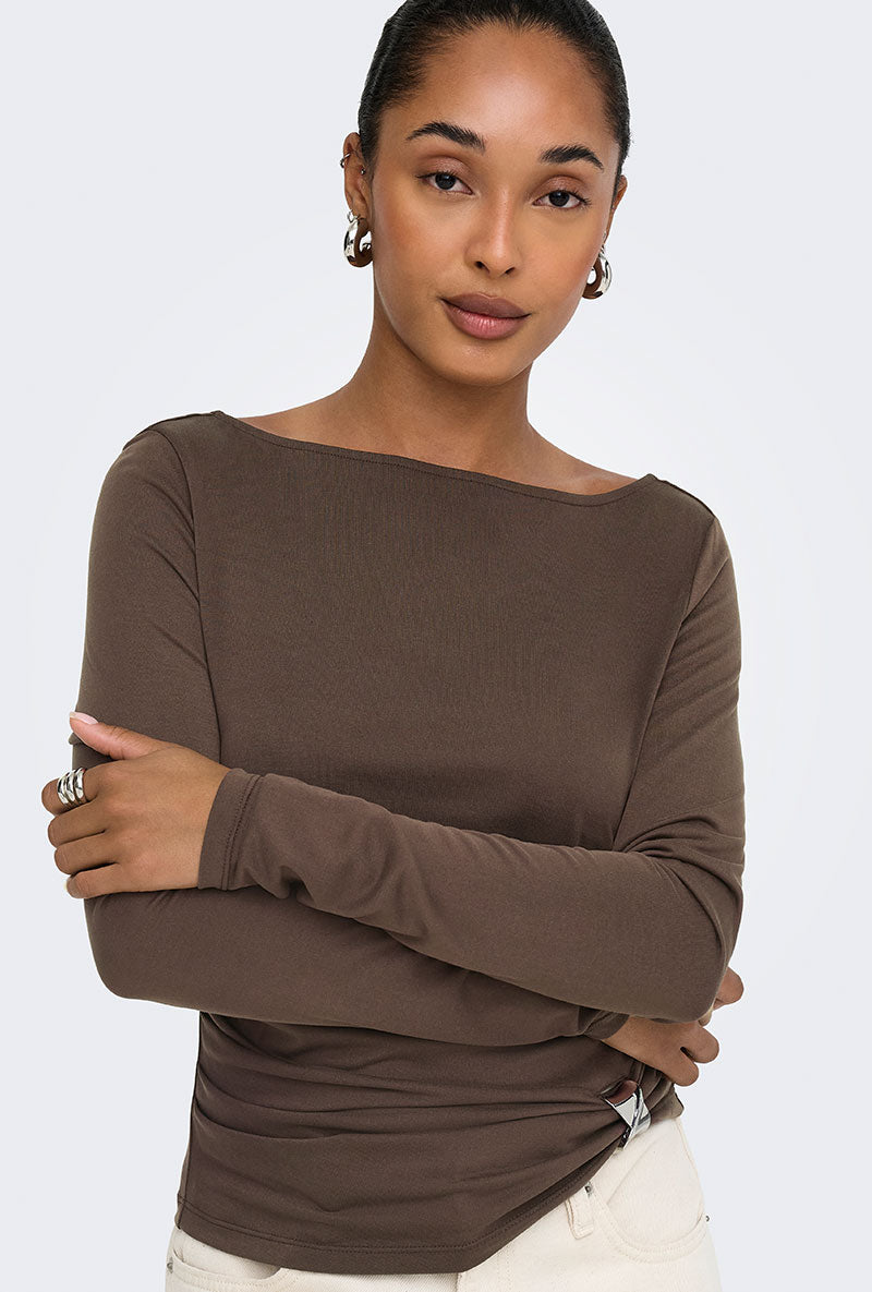 Front image of a model wearing Hannah l/s metal top in brown, by brand Only