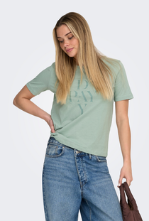 Front image of a model wearing the Only happy s/s print top in sage, by brand Only
