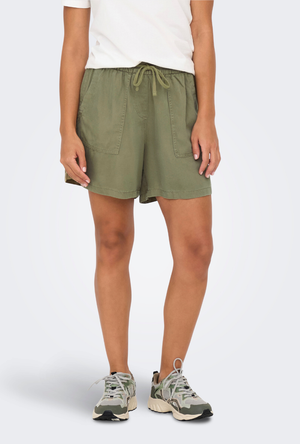 Front image of a model wearing the Only kenya life hw shorts in khaki, by brand Jacqueline de yong