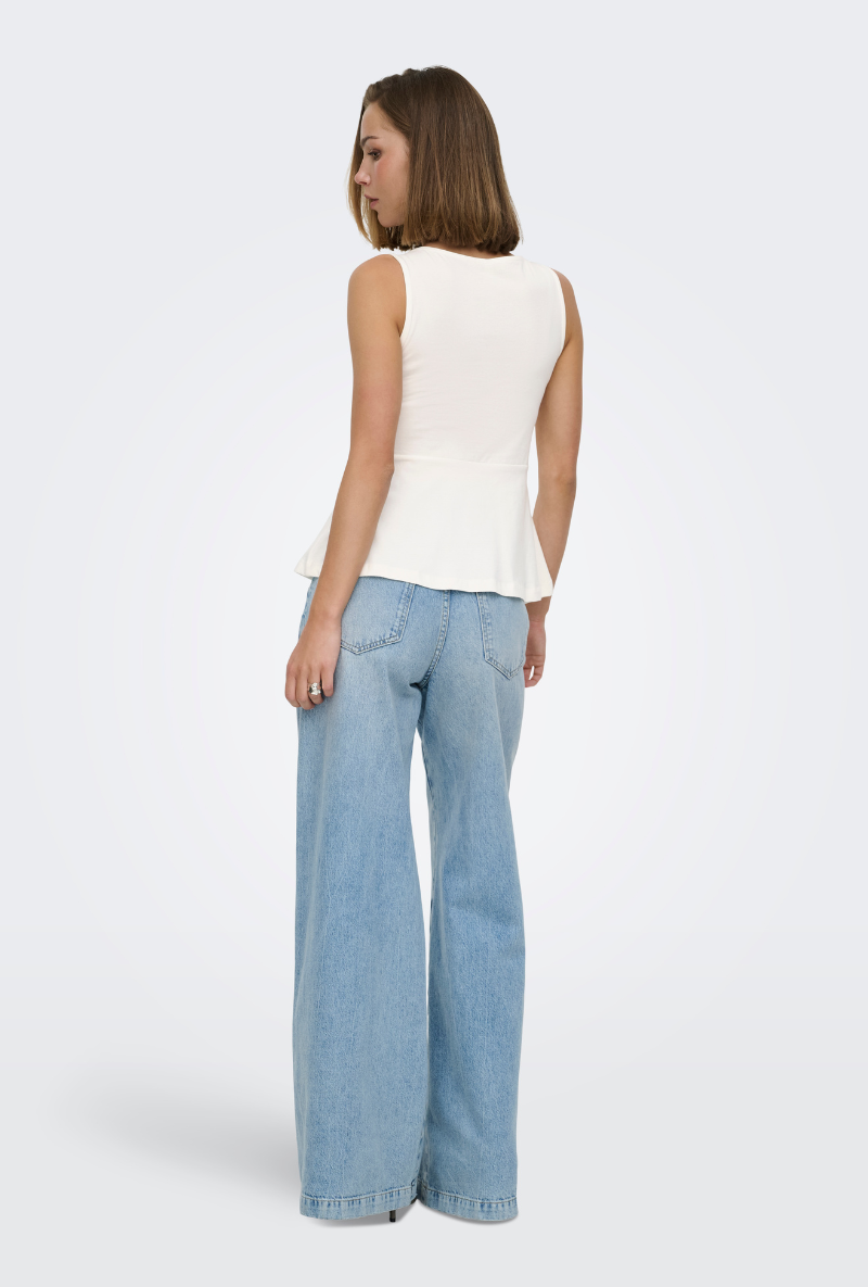 Back image of a model wearing Kiss sleeveless peplum top in white, by brand Only