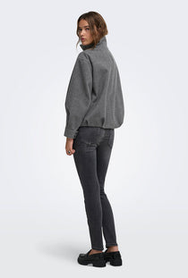 Back image of a model wearing the Lasta high collar bomber jacket in charcoal, by brand Only