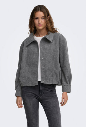 Front image of a model wearing Lasta high collar bomber jacket in charcoal, by brand Only