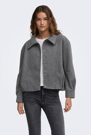 Front image of a model wearing the Lasta high collar bomber jacket in charcoal, by brand Only
