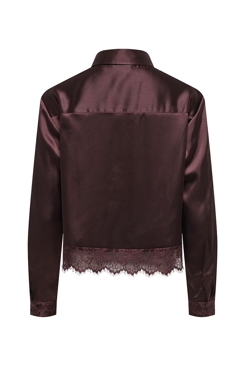 Back image of Lindona l/s satin lace shirt in chocolate, by brand Only