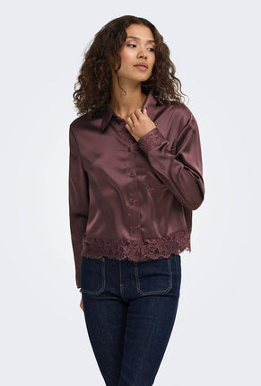 Front image of a model wearing Lindona l/s satin lace shirt in chocolate, by brand Only
