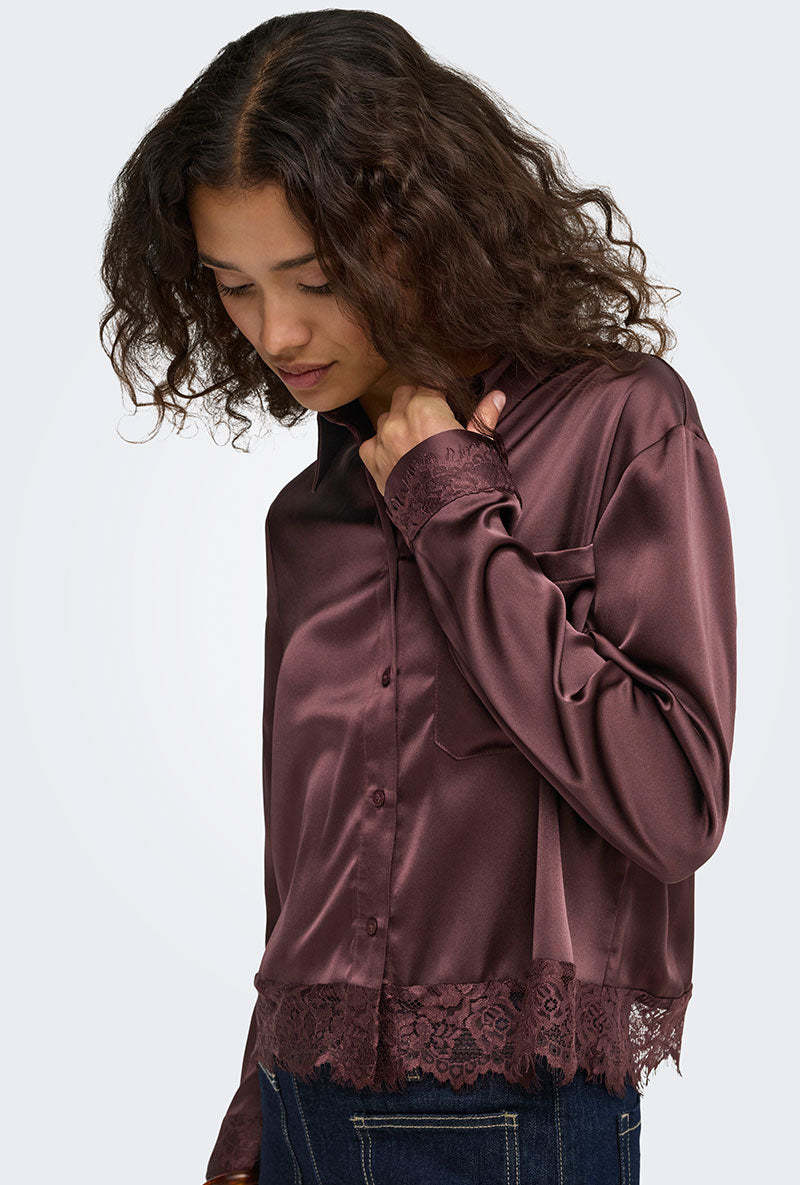 Front image of a model wearing Lindona l/s satin lace shirt in chocolate, by brand Only