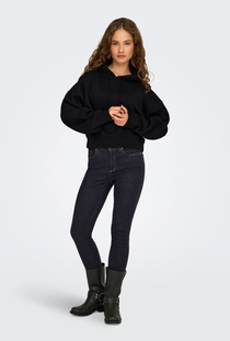 Front image of a model wearing the Only sweat life ls hoodie in black, by brand Only