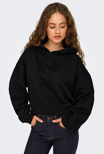 Front image of a model wearing the Only sweat life ls hoodie in black, by brand Only