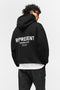 Back image of a model wearing the Owners club hoodie in black, by brand Represent