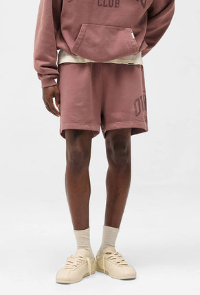Front image of a model wearing Owners club script mesh shorts in brown, by brand Represent