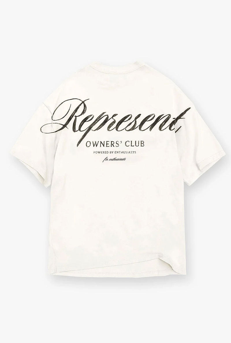 Back image of Owners club script t in off white, by brand Represent