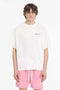 Front image of a model wearing Owners club script t in off white, by brand Represent