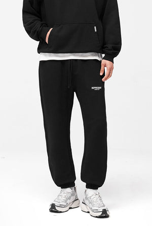Front image of a model wearing the Owners club sweatpant in black, by brand Represent