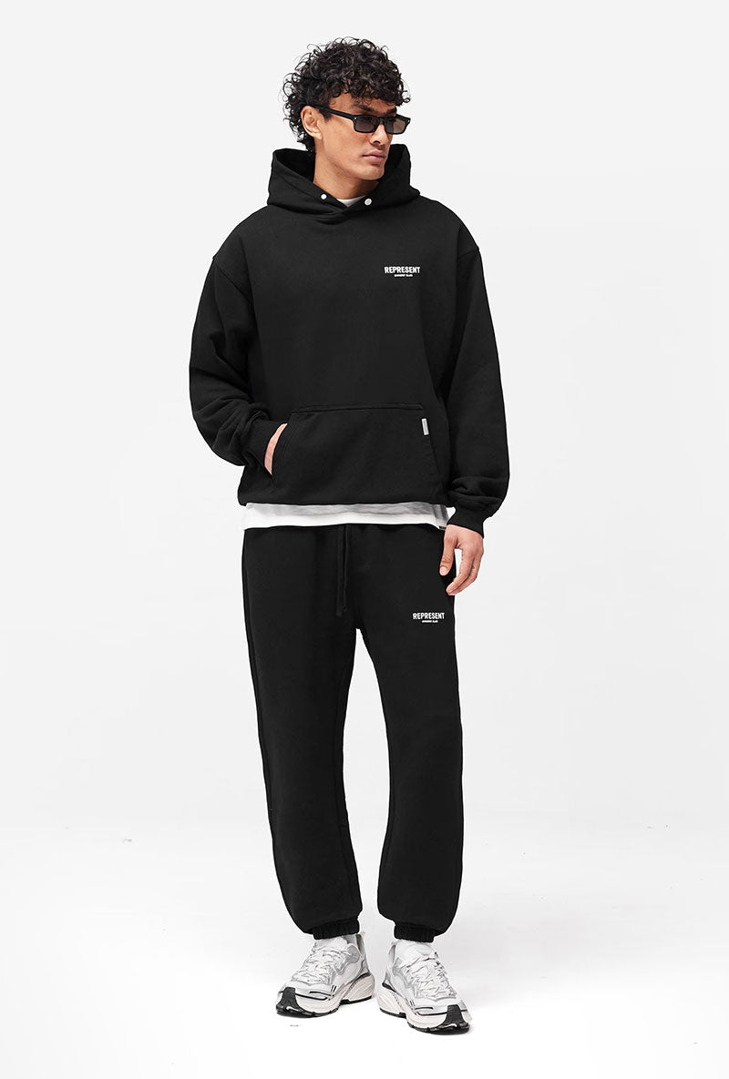 Front image of a model wearing Owners club sweatpant in black, by brand Represent