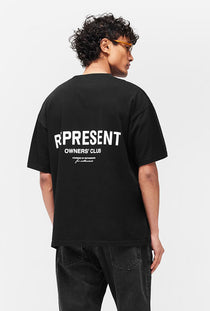 Back image of a model wearing the Owners club t in black, by brand Represent
