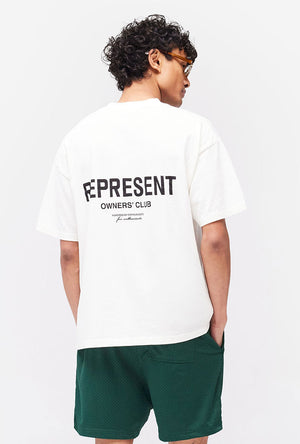 Back image of a model wearing the Owners club t in off white, by brand Represent