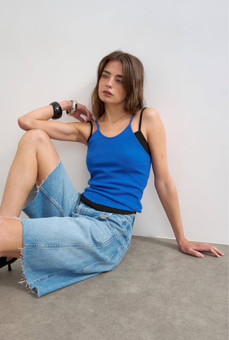 Front image of Alfrida sleeveless vest in blue, by brand Top shop