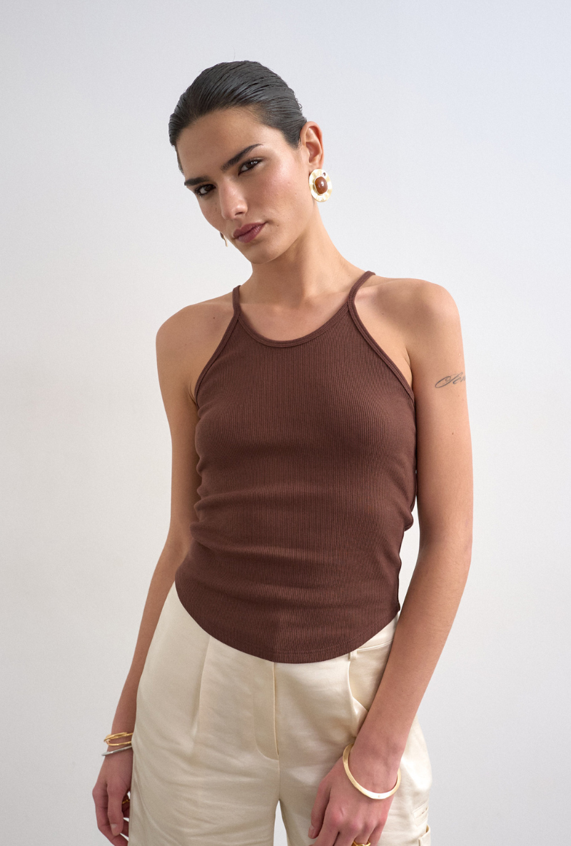 Front image of Alfrida sleeveless vest in brown, by brand Top shop