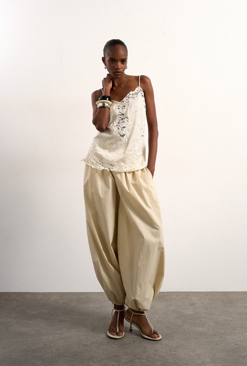 Front image of Hallie sleeveless crinkle satin top in white, by brand Top shop